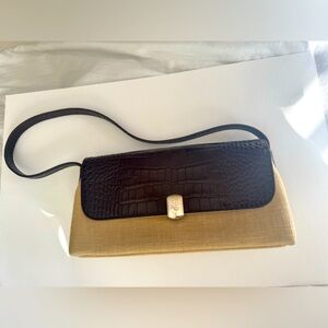 Lauren Ralph Lauren purse in natural linen body and chocolate leather top